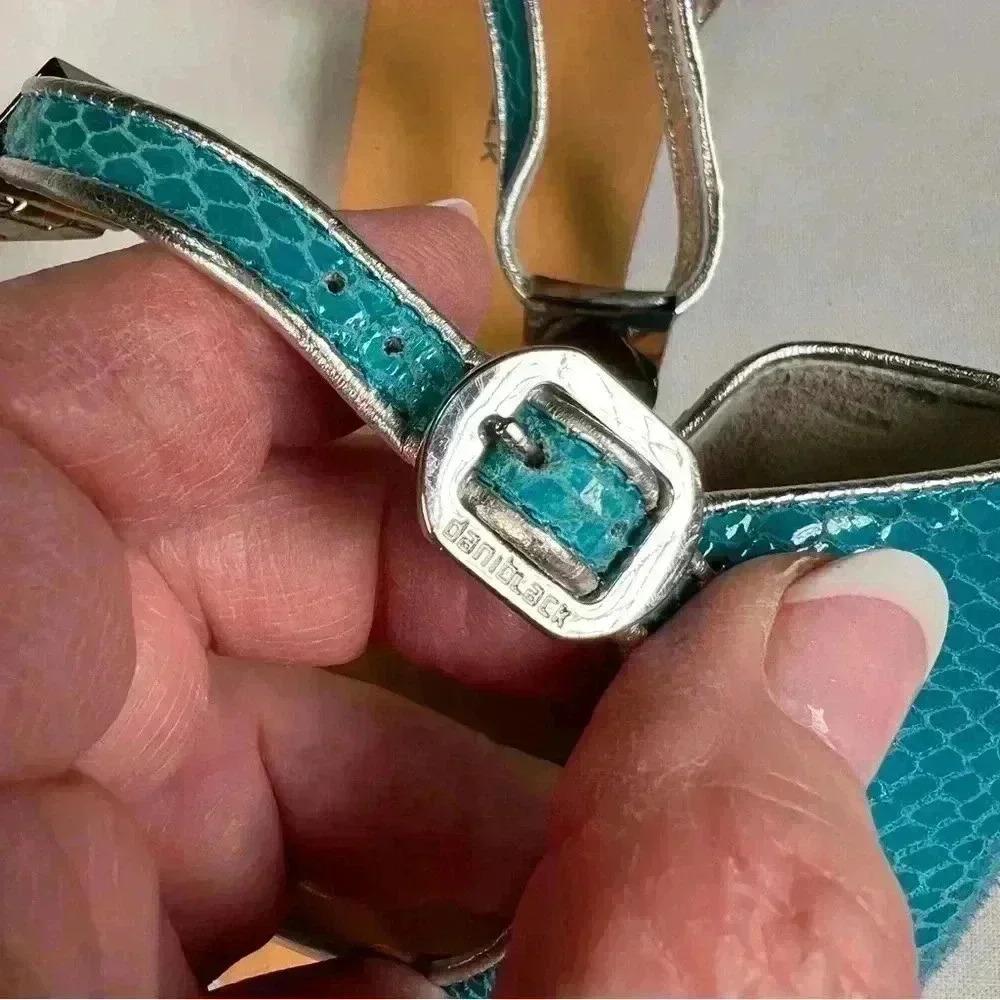 Dani Black turquoise/silver snake flat sandals clear bar between straps Sz 9.5 - Picture 8 of 13